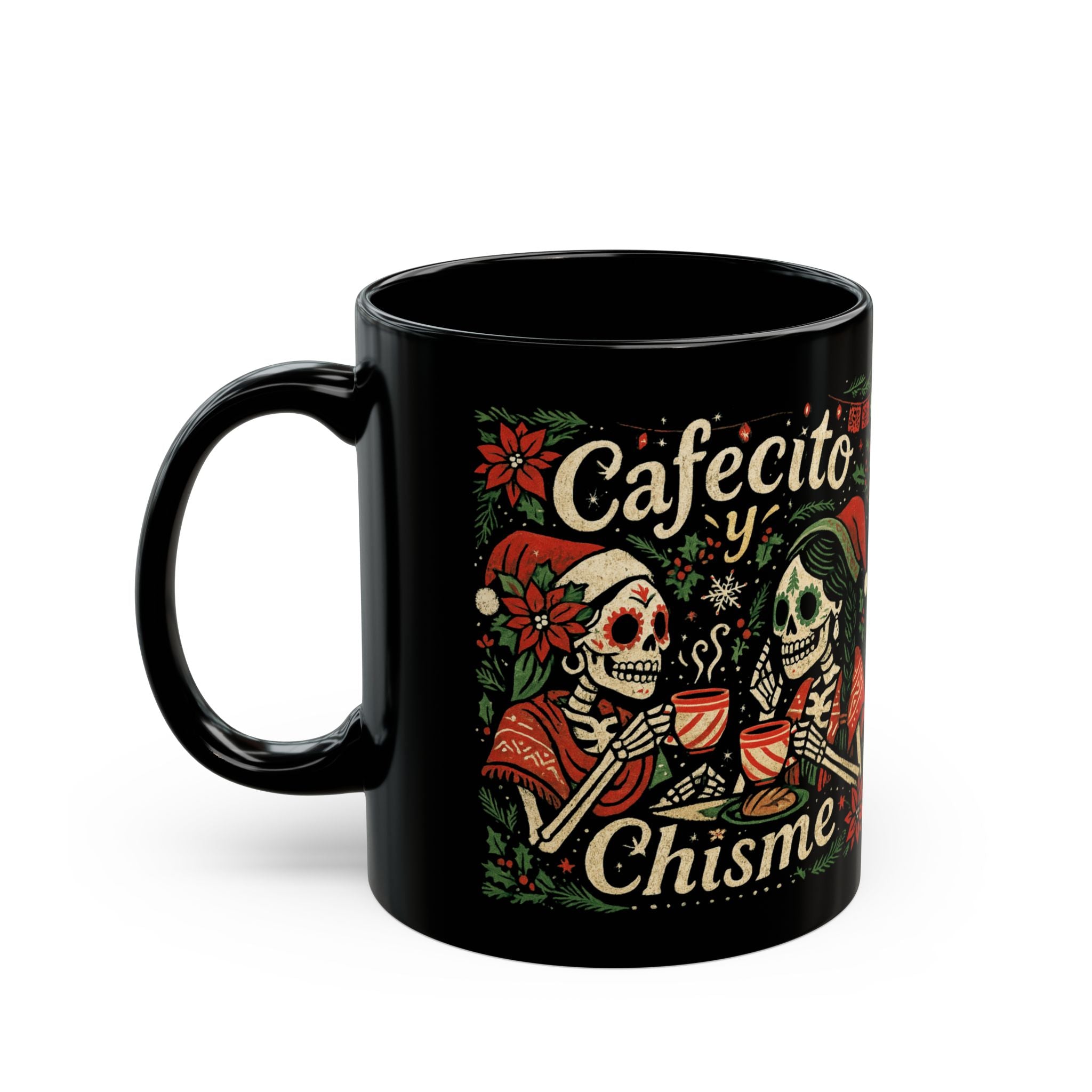 Black Cafecito y Chisme Mexican Christmas Mug - 11 oz, Ceramic, Glossy