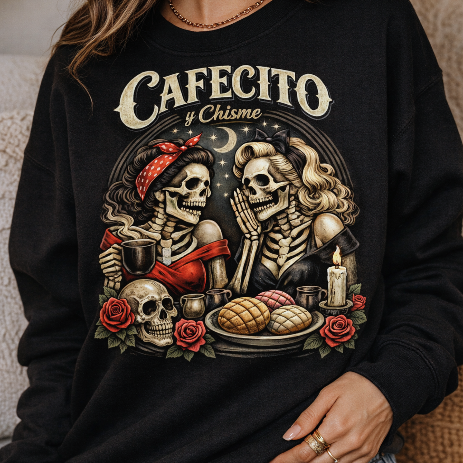 Cafecito y Chisme pin up skeleton crewneck sweatshirt with coffee and conchas graphic