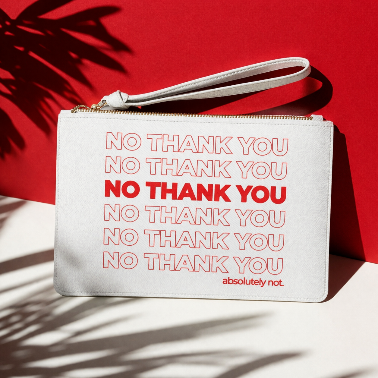 No Thank You White Clutch Bag Faux Leather Makeup and Travel Cosmetic Pouch