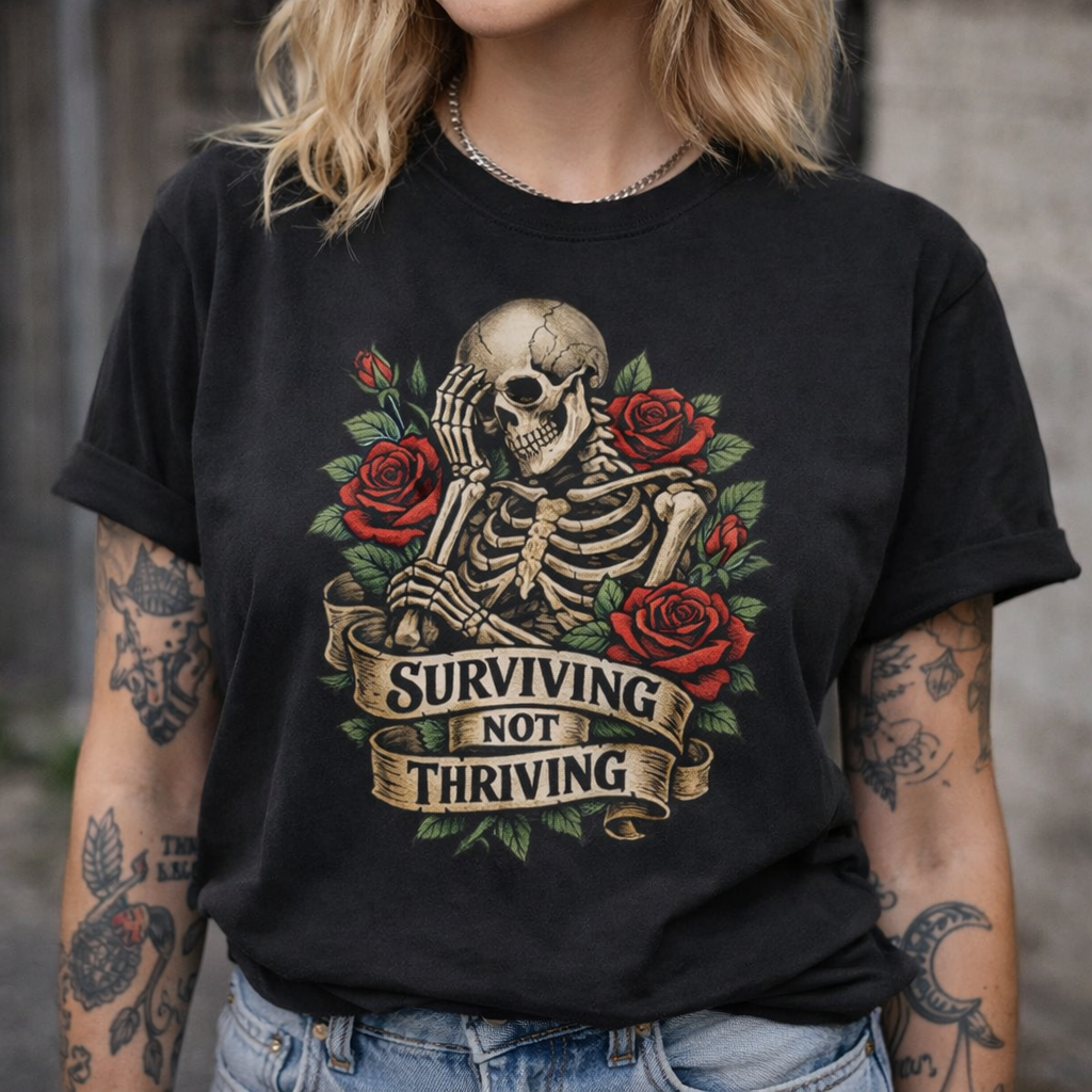 Surviving Not Thriving Shirt – Skeleton & Rose Graphic Tee