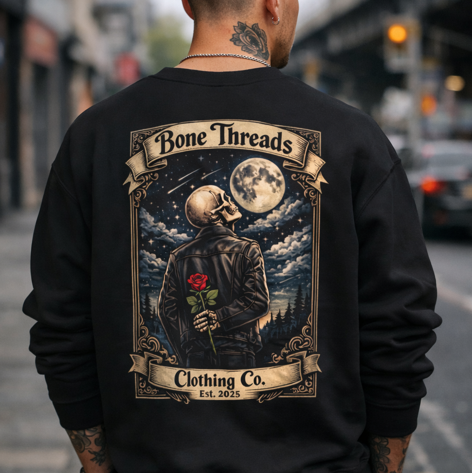 Skeleton Rose & Moon Crewneck – Gothic Vintage Back Graphic Sweatshirt