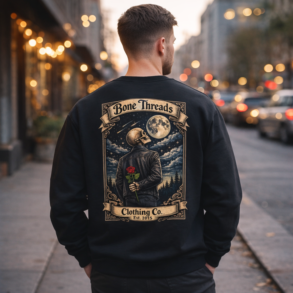 Skeleton Rose & Moon Crewneck – Gothic Vintage Back Graphic Sweatshirt