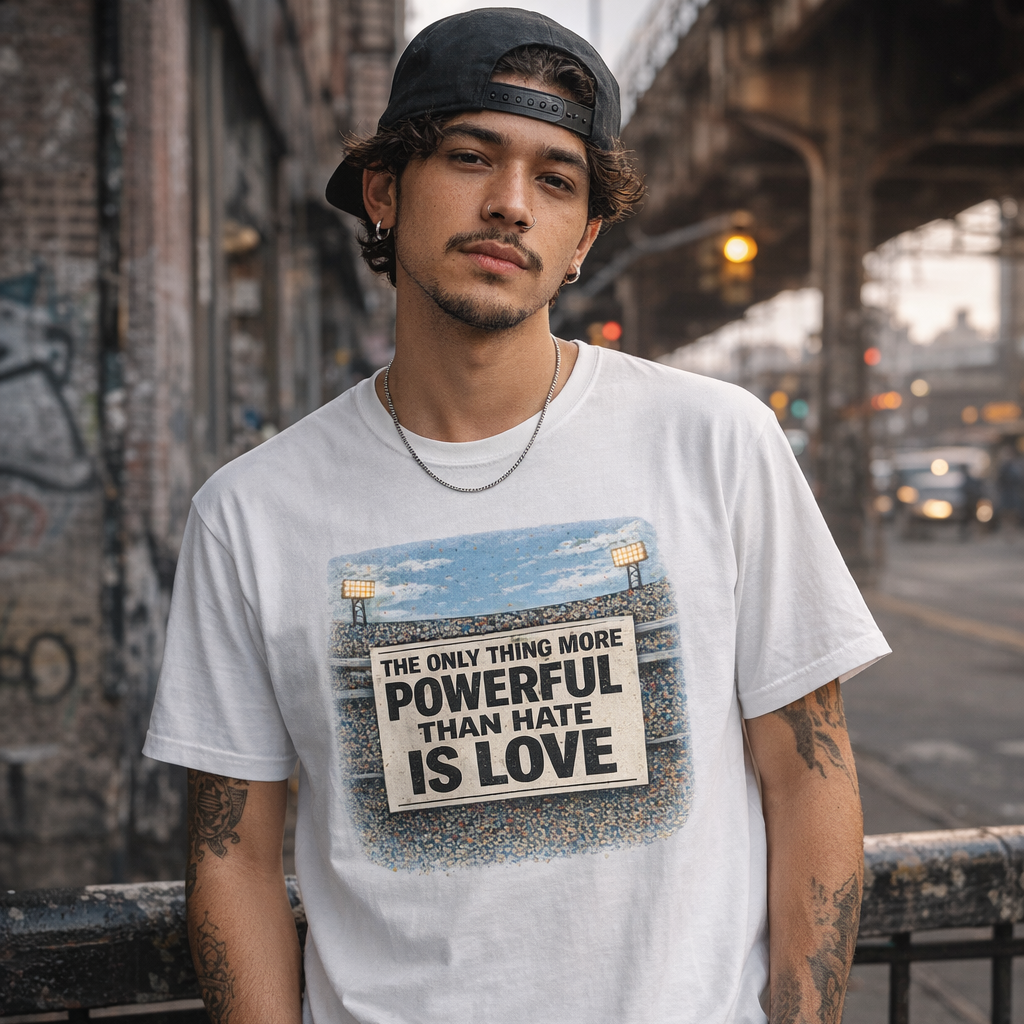 Unisex White t-shirt with text The only Thing more powerful than hate is love from bad bunny’s Super Bowl half time show. 