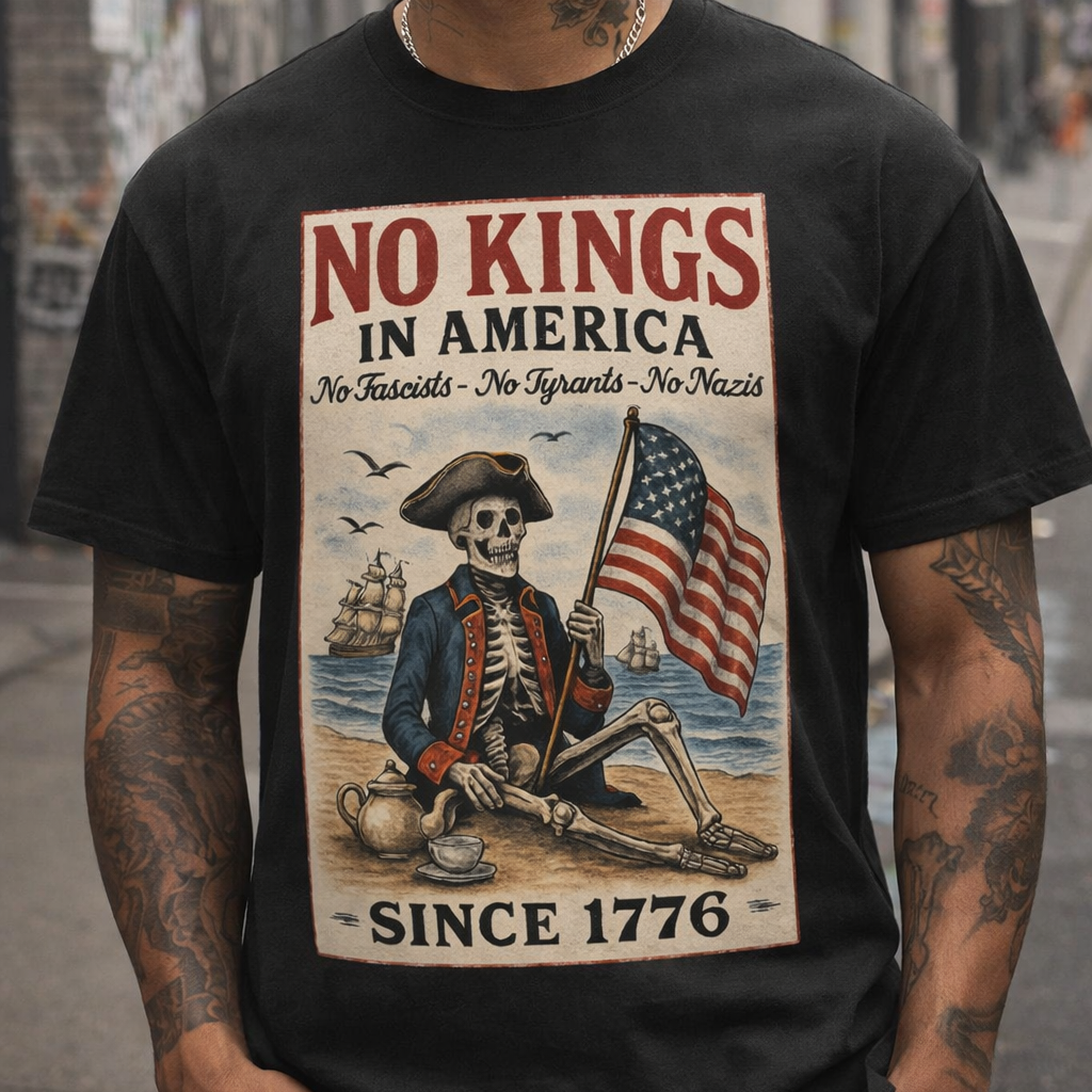 Black No Kings In America political protest shirt featuring skeleton artwork, flag graphic, and vintage-inspired statement design