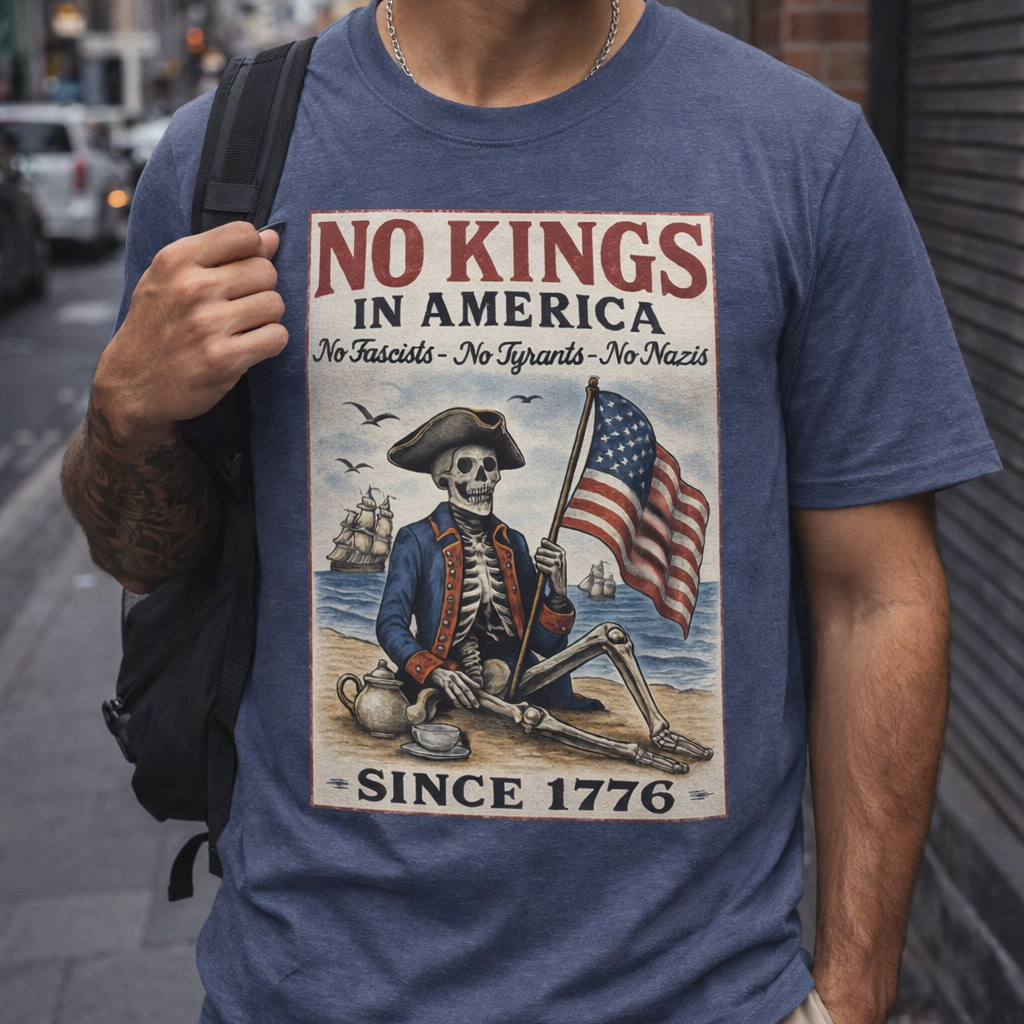 Navy blue No Kings In America political protest shirt with skeleton graphic, flag design, and vintage-style protest artwork