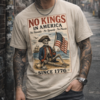 Sand No Kings In America political protest shirt featuring skeleton artwork, patriotic flag detail, and vintage political graphic