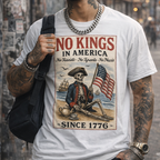 White No Kings In America political protest shirt with skeleton graphic, American flag, and vintage political protest design