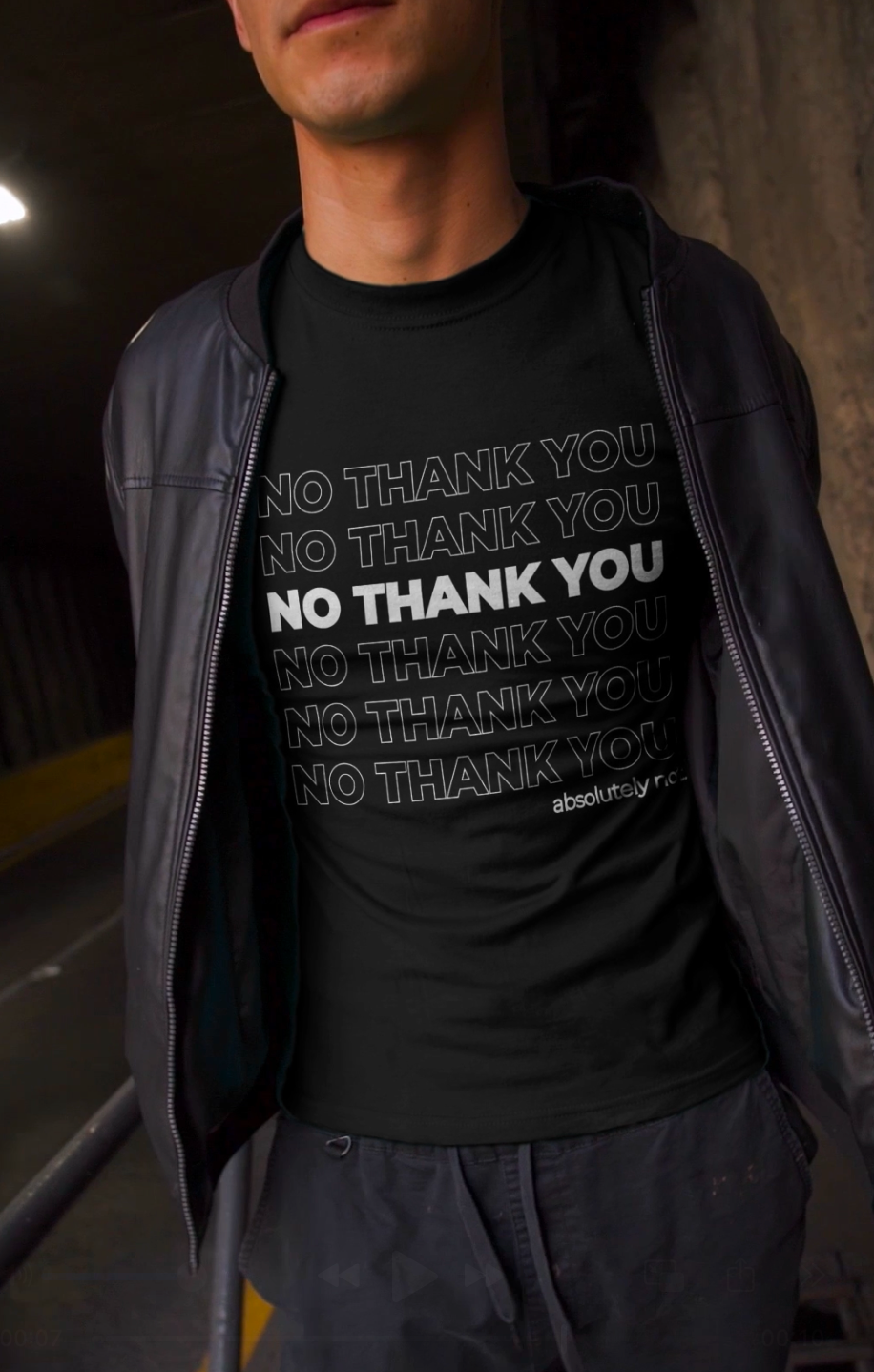 black tshirt with no thank you repeating text. minimalistic fashion for men and women.