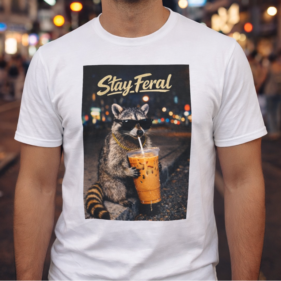 Person wearing a white t-shirt with a graphic of a raccoon drinking coffee and 'Stay Feral' text, set against a blurred city street background.