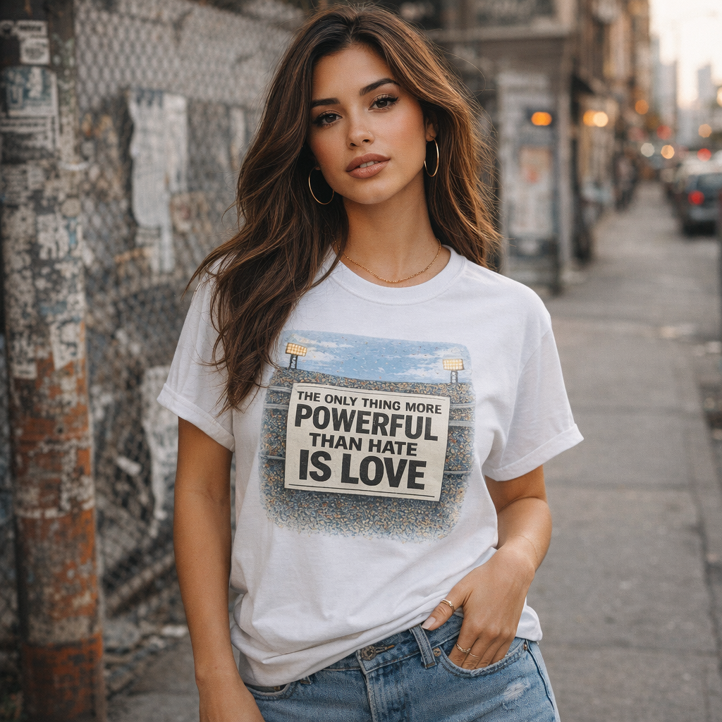 White t-shirt with text The only Thing more powerful than hate is love from bad bunny’s Super Bowl half time show 