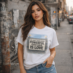 White t-shirt with text The only Thing more powerful than hate is love from bad bunny’s Super Bowl half time show 