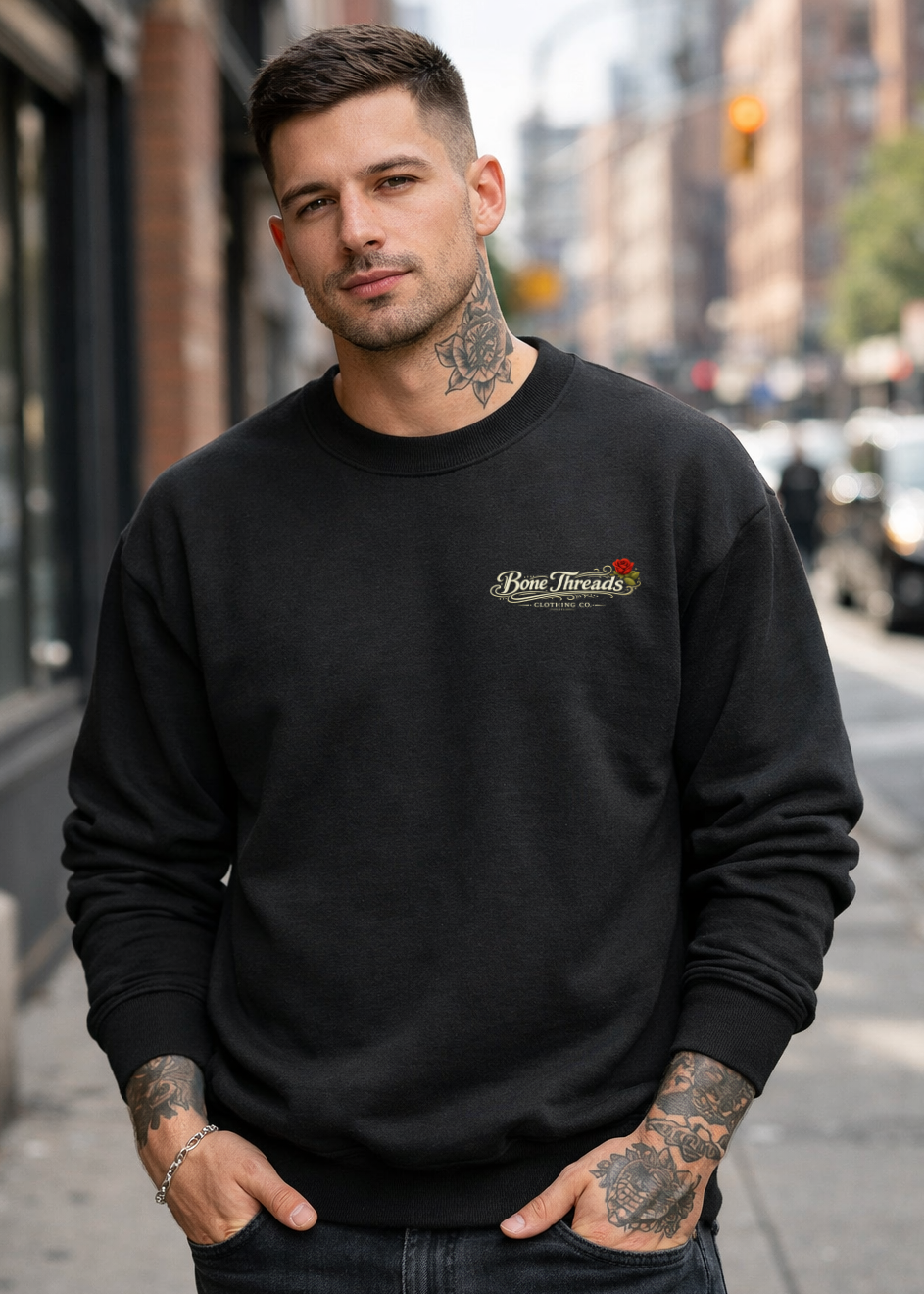 Skeleton Rose & Moon Crewneck – Gothic Vintage Back Graphic Sweatshirt