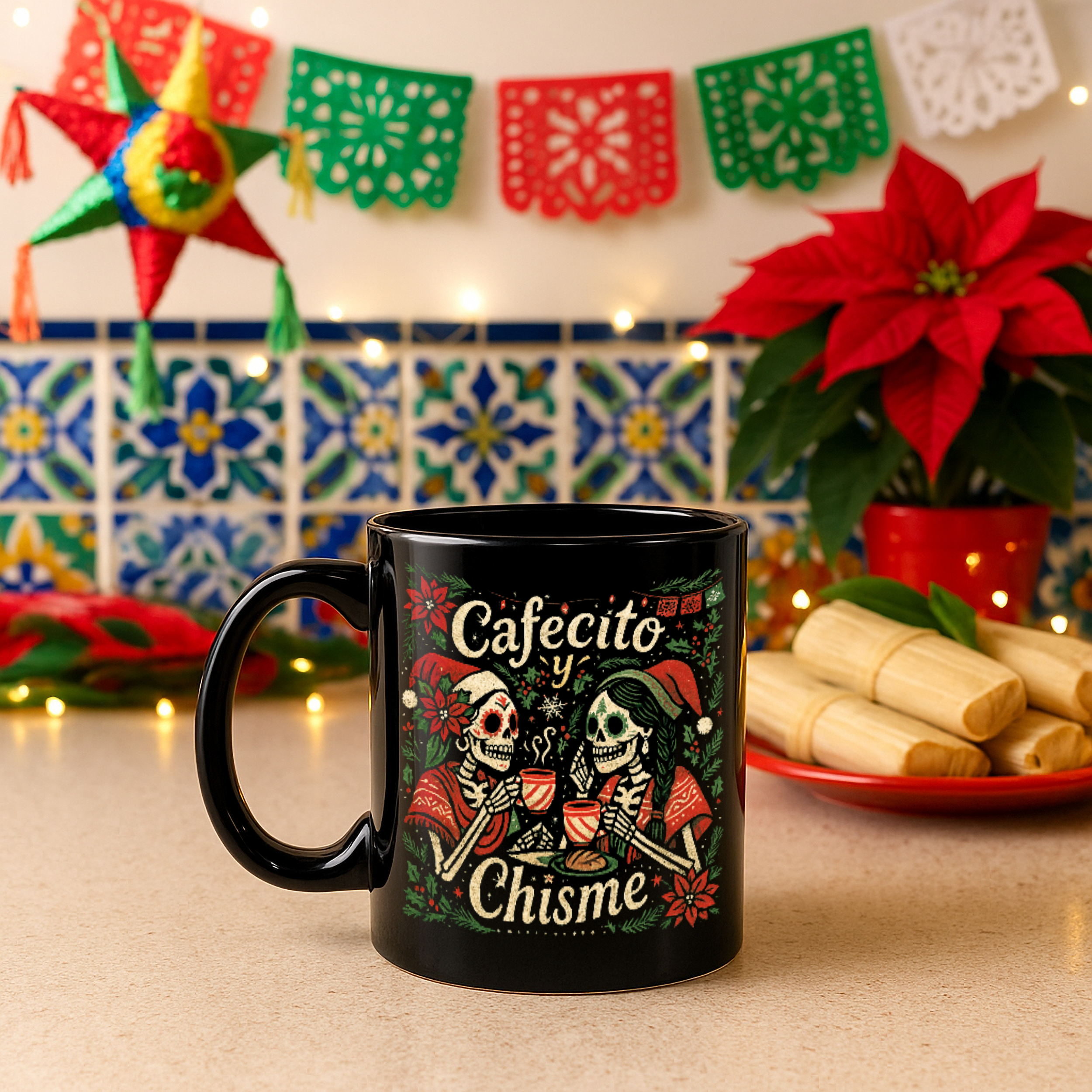 Black Cafecito y Chisme Mexican Christmas Mug - 11 oz, Ceramic, Glossy