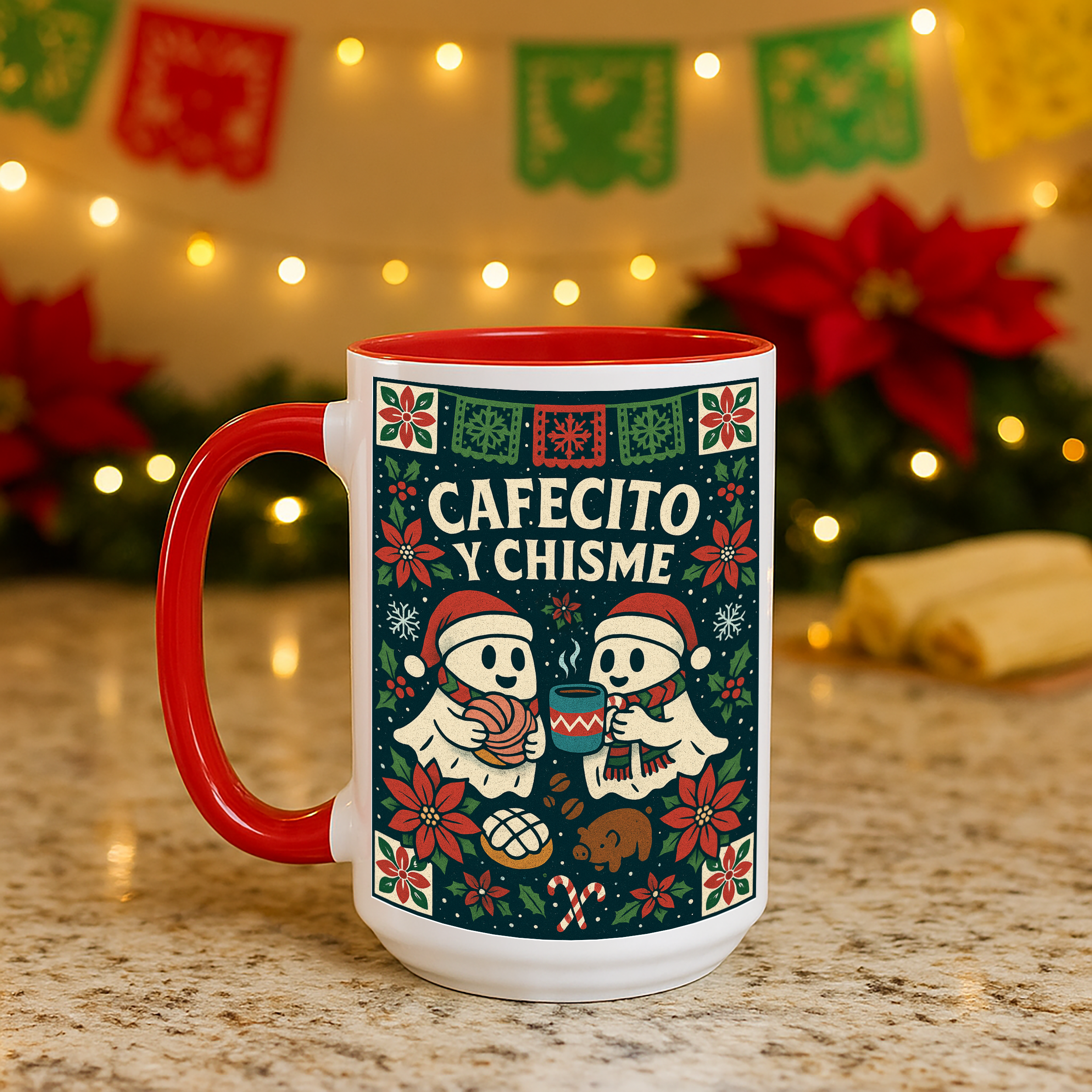 Cafecito y Chisme Mexican Talavera Christmas Mug
