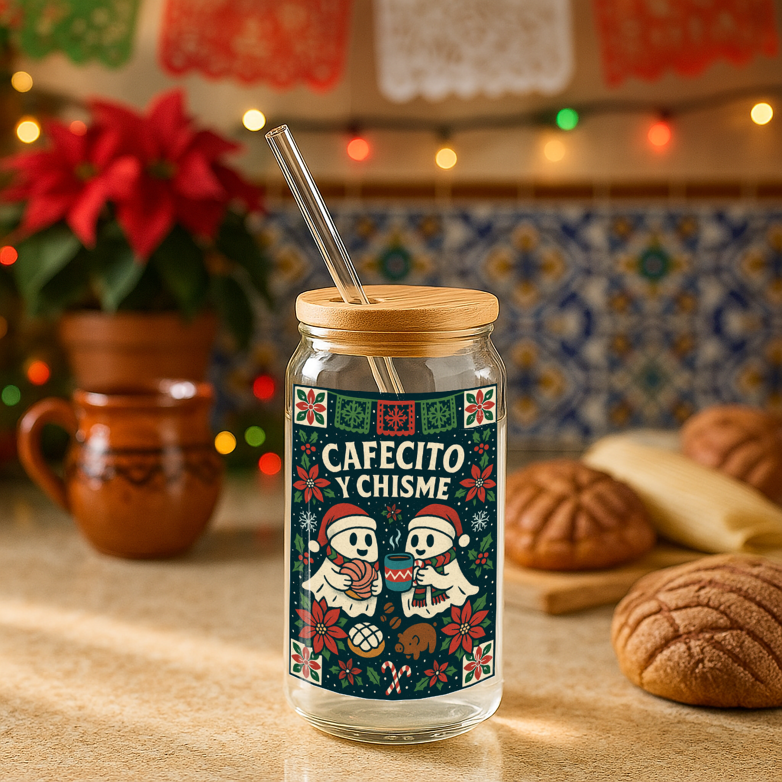 Cafecito y Chisme Mexican Talavera Style Tumbler 16 oz