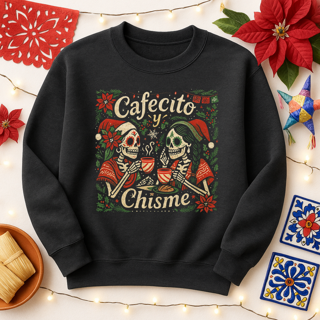cafecito y chisme christmas sweatshirt, christmas sweatshirt for women, funny christmas sweater, ugly christmas sweater, feliz navidad sweatshirt