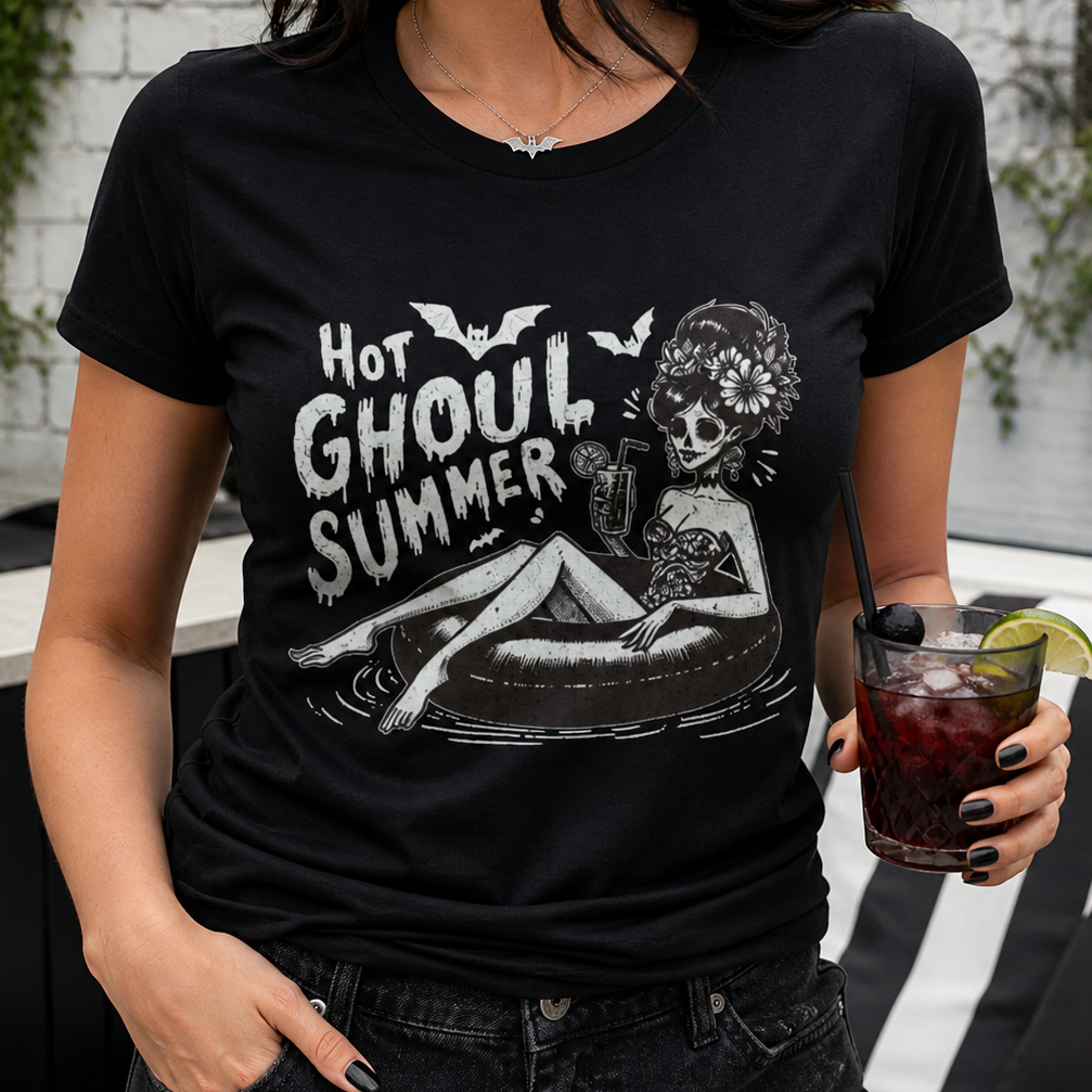 Summerween Hot Ghoul Summer shirt featuring a spooky skeleton pin up graphic for Halloween in July and spooky summer outfits