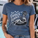 Summerween shirt with pin up skeleton drinking by the pool, made for Halloween in July, horror fans, and spooky season lovers