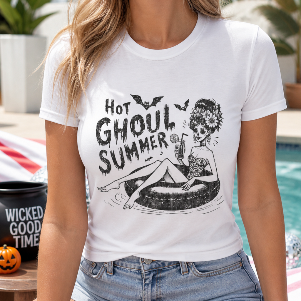 Summerween graphic tee with retro skeleton pool float design for horror fans, Halloween lovers, and spooky season style