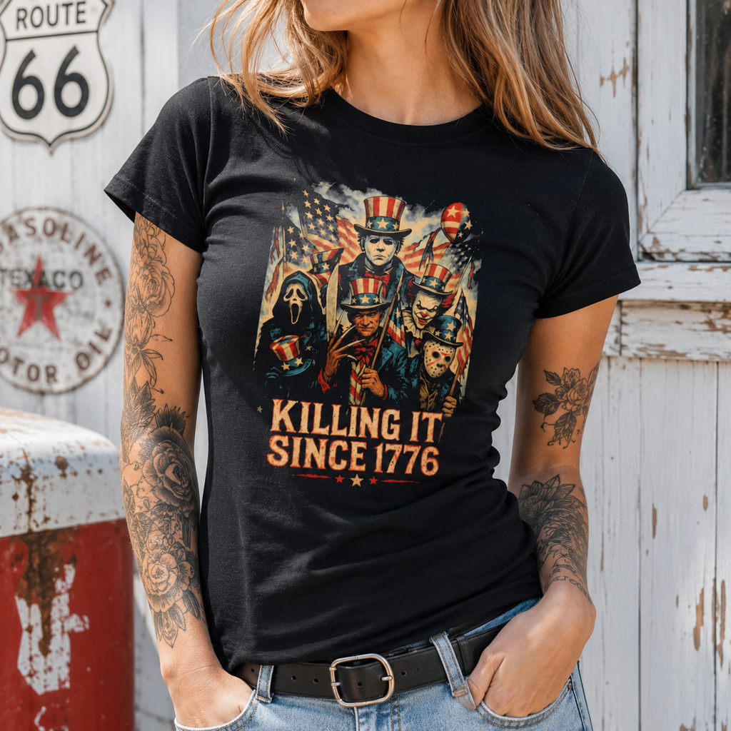 Killing It Since 1776 horror movie characters funny 4th of July shirt with classic slasher-inspired artwork on black graphic tee