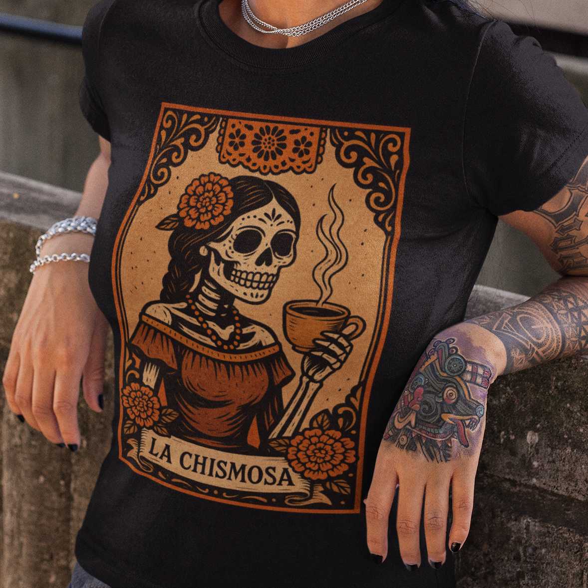 mexican women wearing a la chismosa tarot card shirt. perfect gift for mexican women, latina style and outfits