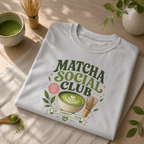 Gray Matcha Social Club shirt with a matcha latte inspired graphic for tea lovers, matcha lovers, and everyday wear.