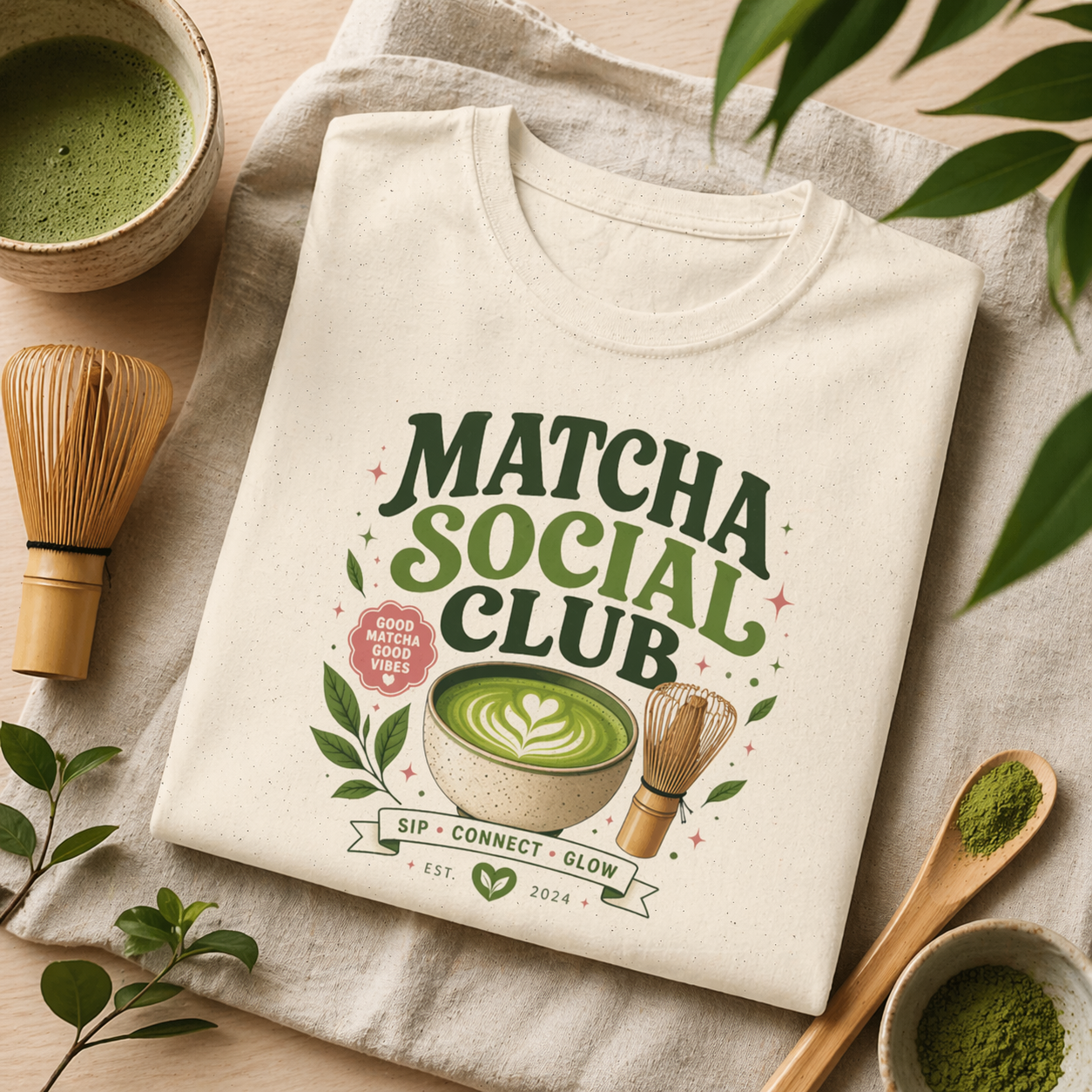 Natural Matcha Social Club shirt featuring a matcha aesthetic graphic for matcha lovers, tea drinkers, and baristas.