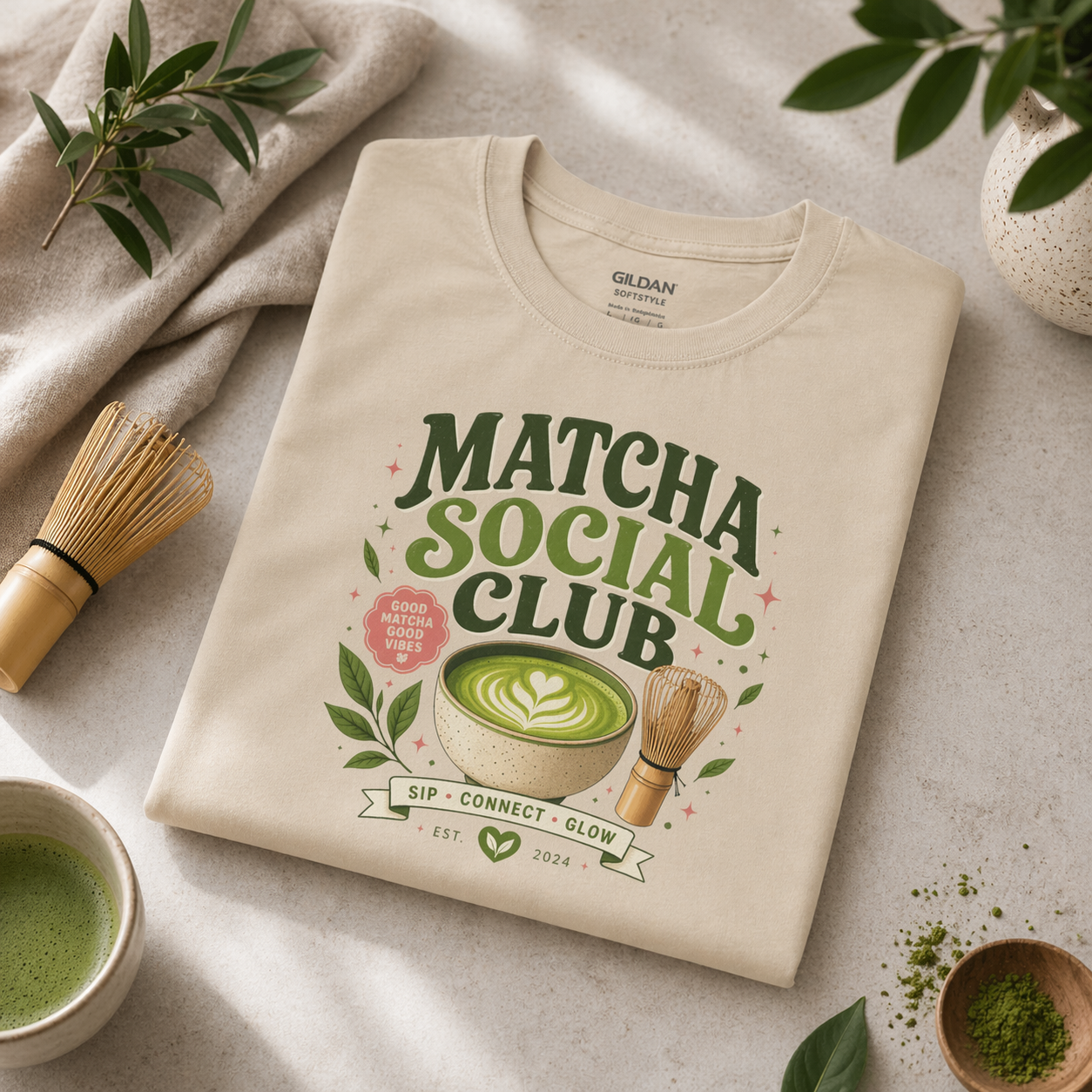 Sand Matcha Social Club graphic tee with a matcha bowl design for green tea lovers, matcha fans, and baristas.
