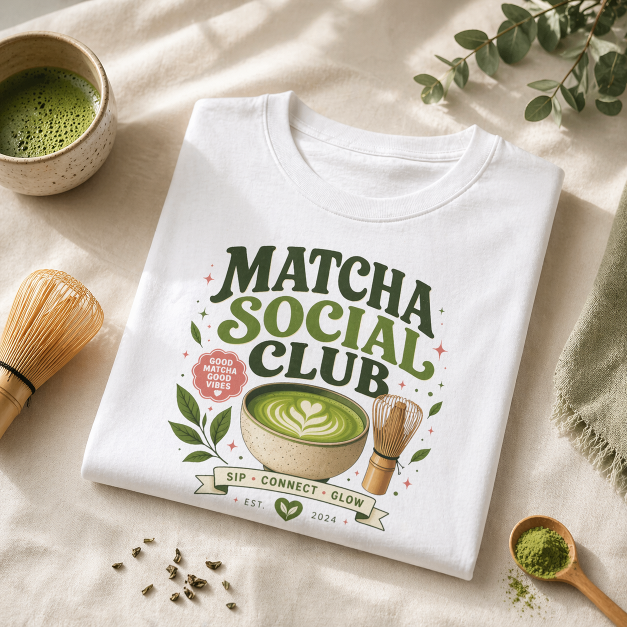 White Matcha Social Club shirt with a matcha bowl graphic, perfect for matcha lovers, baristas, and green tea fans.