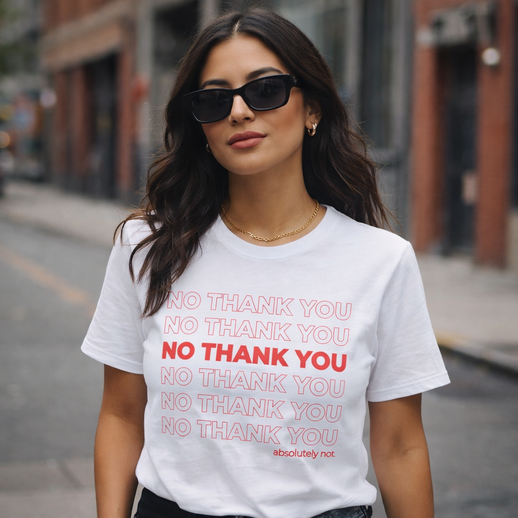 no thank you tshirt in white with red lettering. for men or women. minimalistic style fashion with sarcastic humor graphic tee.