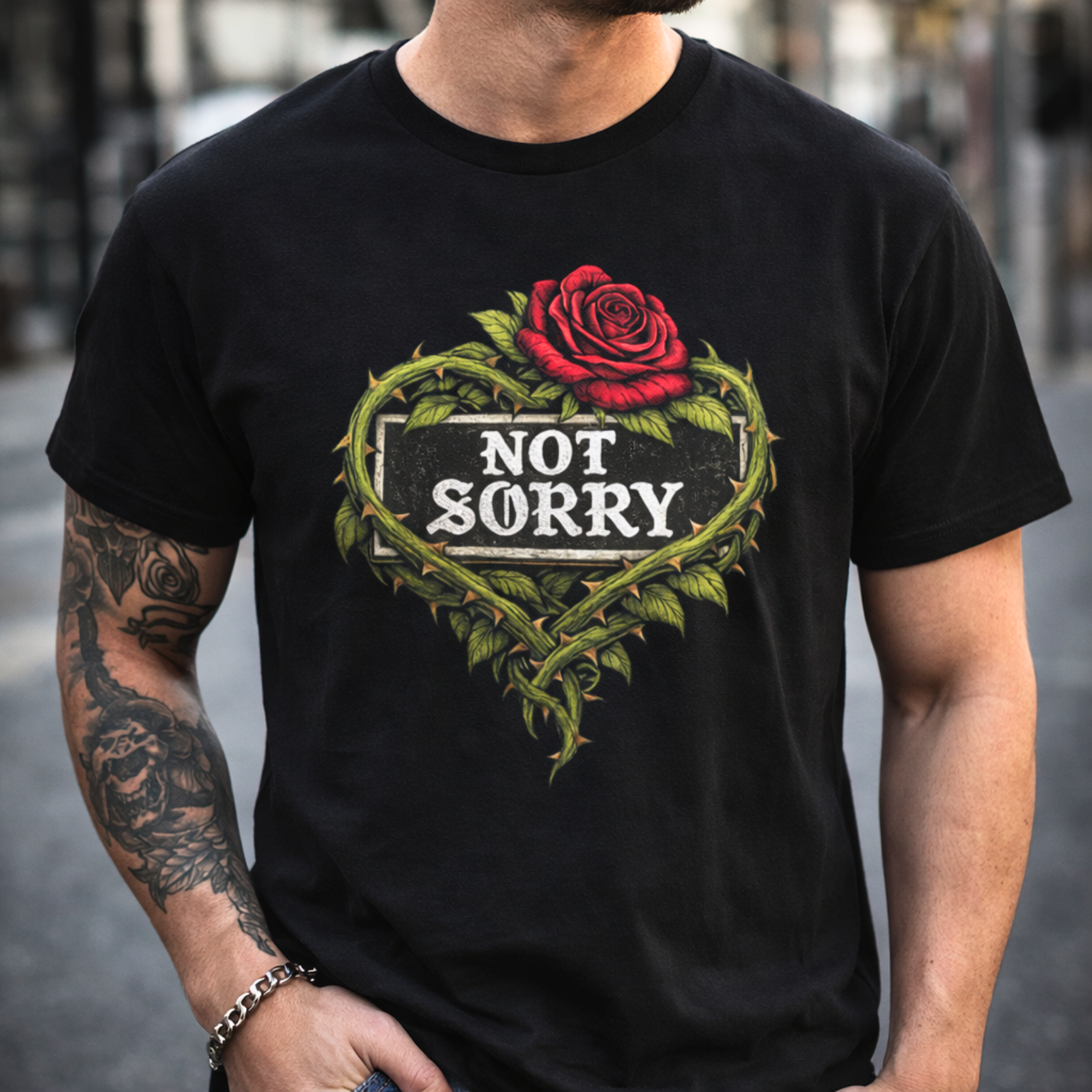 Not Sorry rose and thorns graphic tee in black - edgy grunge streetwear style