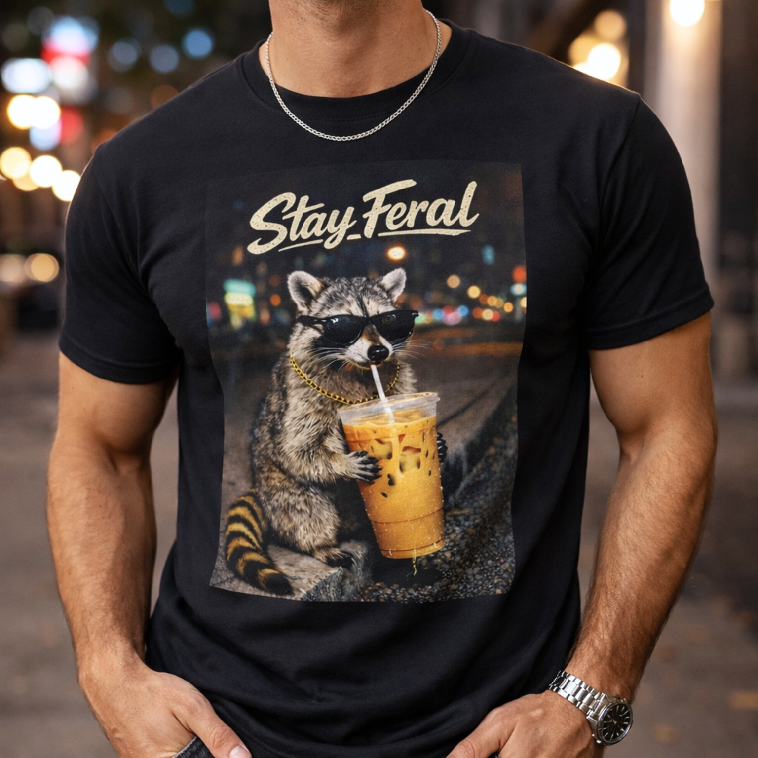 Black tshirt with a text saying Stay Feral and raccoon wearing sunglasses, a gold chain, and drinking an iced coffee with an urban streetwear vibe.
