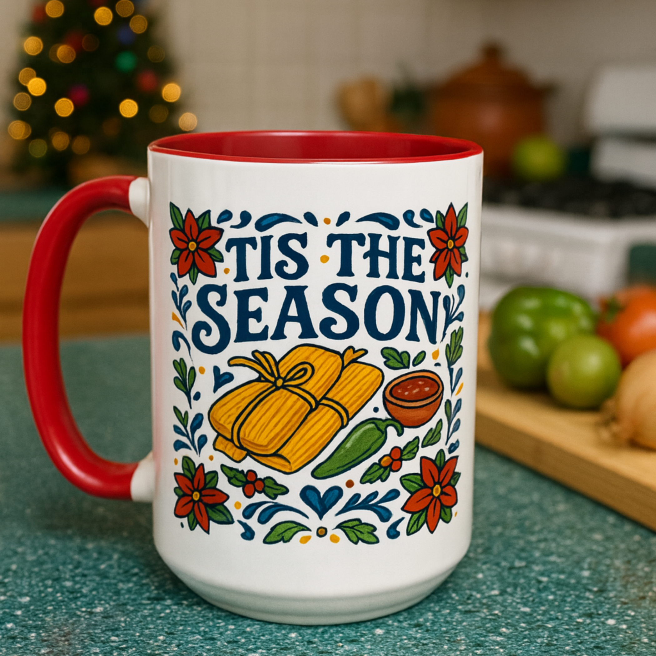 tis the season for tamales mug with colored handle and interior. funny christmas mug for women, latinas, girls.