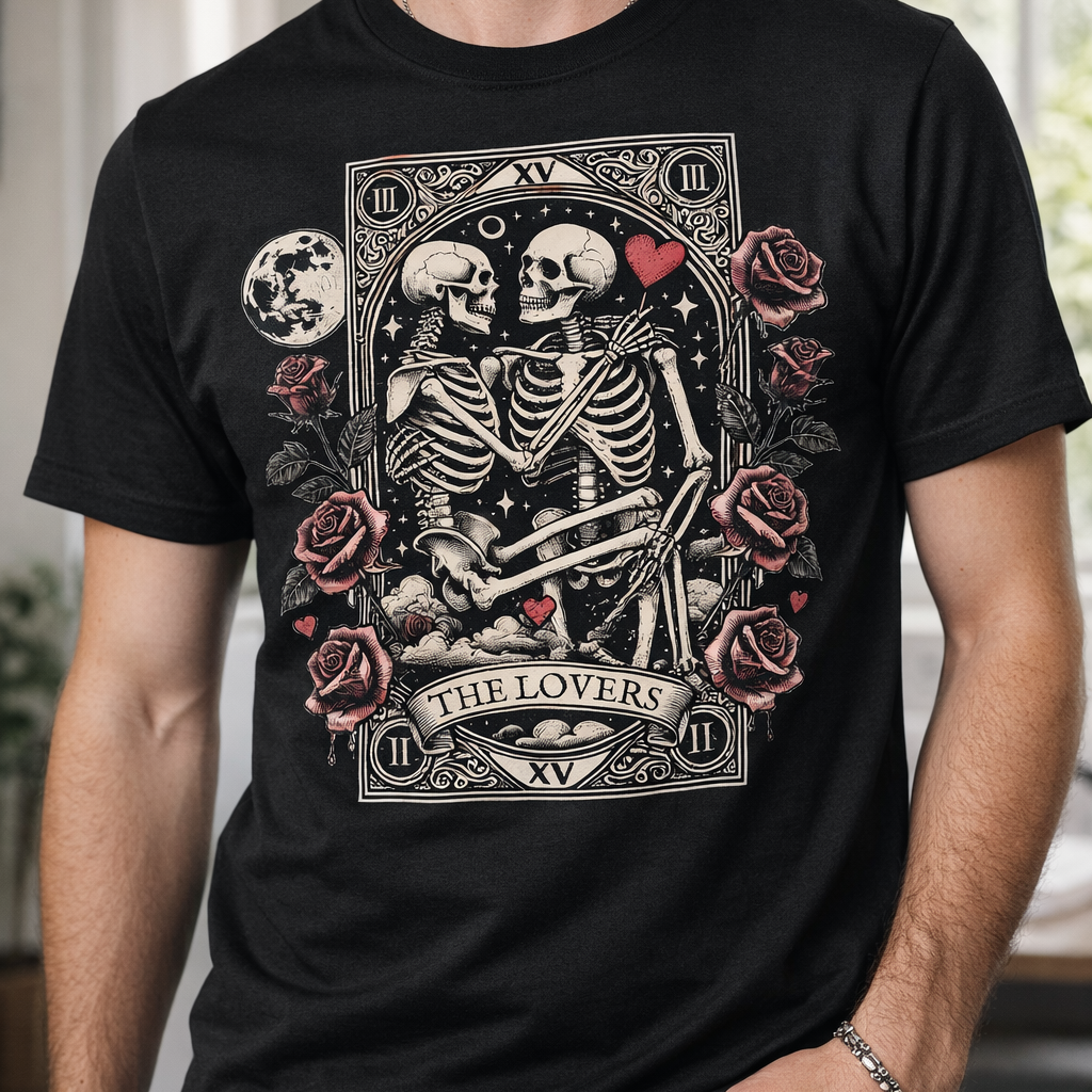 Person wearing a black t-shirt with a skeleton design and 'The Lovers' tarot card illustration.